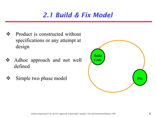 Software Engineering (3rd ed.), By K.K Aggarwal & Yogesh Singh, Copyright © New Age International Publishers, 2007 4
2.1 Build & Fix Model
 Product is constructed without
specifications or any attempt at
design
 Adhoc approach and not well
defined
 Simple two phase model Fix
Build
Code
 