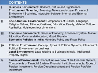 CONTENTS
I Business Environment: Concept, Nature and Significance,
Environment Scanning: Meaning, Nature and scope, Process of
Environment Scanning, Interaction between Internal and External
Environment
II Socio-Cultural Environment: Components of Culture- Language,
Religion, Values, Attitude, Customs, Education, Family, Material Culture,
Aesthetics. Hofstede’s four dimensions
III Economic Environment: Bases of Economy, Economic System: Market
Allocation, Command Allocation, Mixed Allocation
Economic Policies in India: Monetary Policy and Fiscal Policy
IV Political Environment: Concept, Types of Political Systems, Influence of
Political Environment on business
Legal Environment: Laws relating to Business in India, Intellectual
Property Rights
V Financial Environment: Concept, An overview of the Financial System,
Components of Financial System, Financial Institutions in India, Types of
Foreign Investment: Foreign Direct Investment and Foreign Portfolio
Investment
 