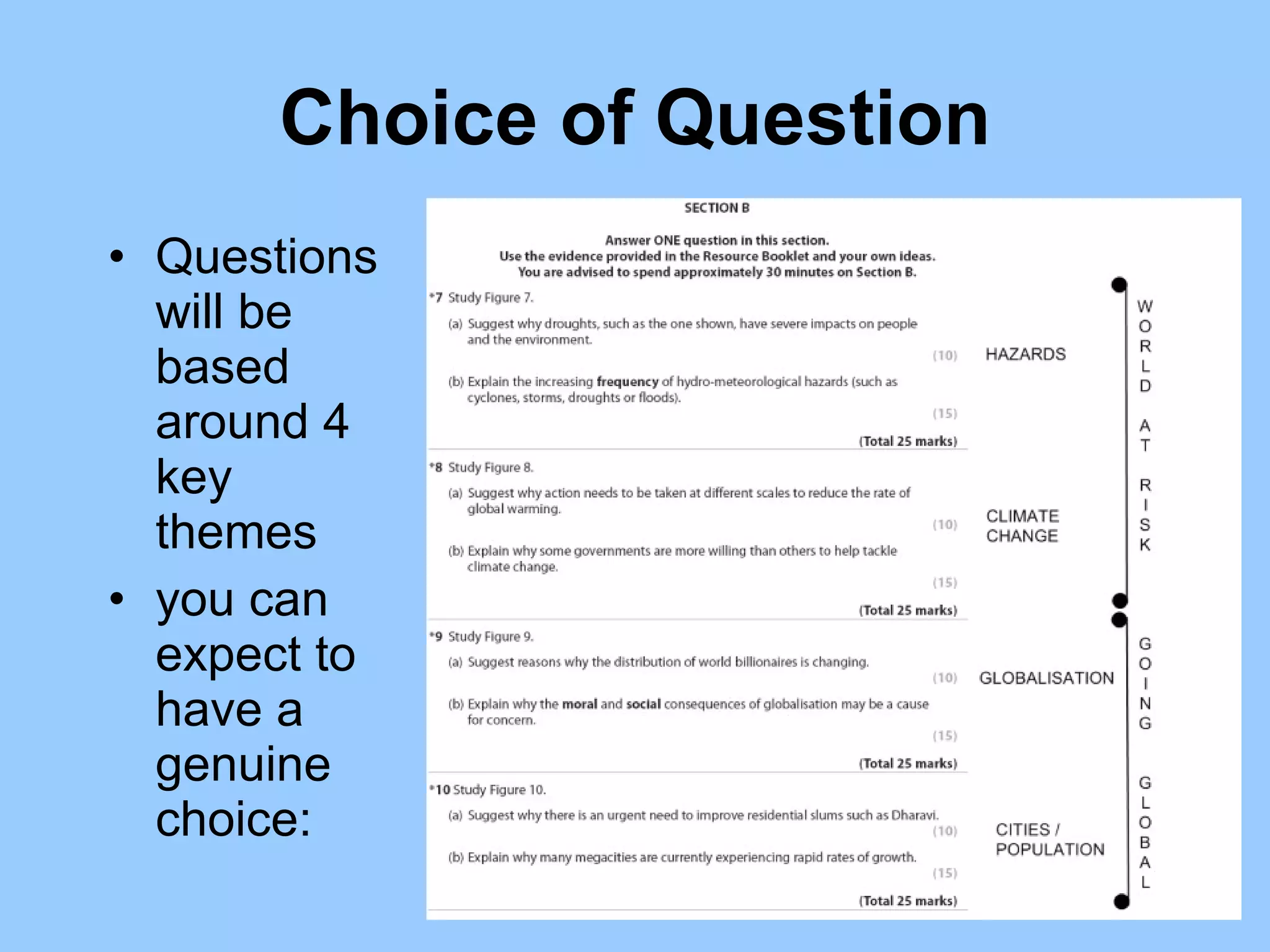 Choice of Question Questions will be based around 4 key themes you can expect to have a genuine choice:  