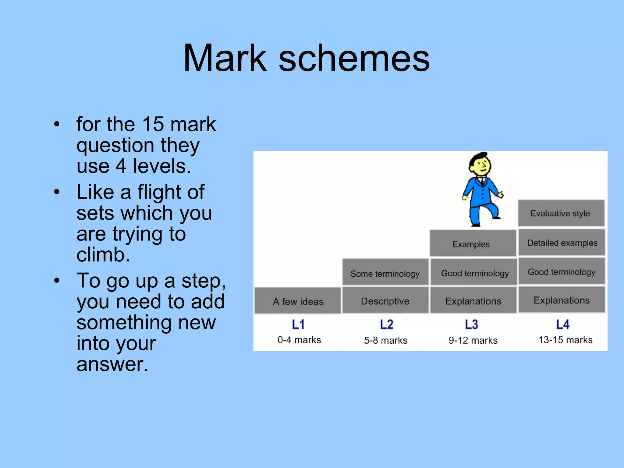 Mark schemes  for the 15 mark question they use 4 levels.  Like a flight of sets which you are trying to climb.  To go up a step, you need to add something new into your answer.  
