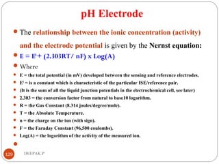 pH Electrode
The relationship between the ionic concentration (activity)
and the electrode potential is given by the Nernst equation:
E = E0
+ (2.303RT/ nF) x Log(A)
Where 
 E = the total potential (in mV) developed between the sensing and reference electrodes.
 E0
= is a constant which is characteristic of the particular ISE/reference pair.
 (It is the sum of all the liquid junction potentials in the electrochemical cell, see later)
 2.303 = the conversion factor from natural to base10 logarithm.
 R = the Gas Constant (8.314 joules/degree/mole).
 T = the Absolute Temperature.
 n = the charge on the ion (with sign).
 F = the Faraday Constant (96,500 coulombs).
 Log(A) = the logarithm of the activity of the measured ion.

129 DEEPAK.P
 