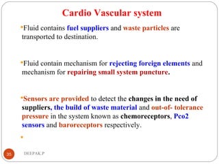 Cardio Vascular system
Fluid contains fuel suppliers and waste particles are
transported to destination.
Fluid contain mechanism for rejecting foreign elements and
mechanism for repairing small system puncture.
Sensors are provided to detect the changes in the need of
suppliers, the build of waste material and out-of- tolerance
pressure in the system known as chemoreceptors, Pco2
sensors and baroreceptors respectively.

35 DEEPAK.P
 