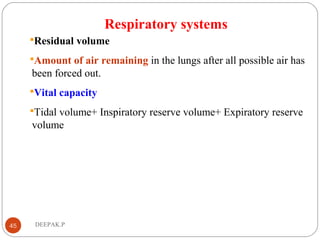 Respiratory systems
Residual volume
Amount of air remaining in the lungs after all possible air has
been forced out.
Vital capacity
Tidal volume+ Inspiratory reserve volume+ Expiratory reserve
volume
45 DEEPAK.P
 