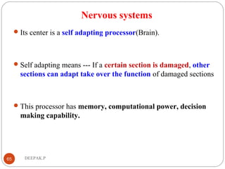 Nervous systems
Its center is a self adapting processor(Brain).
Self adapting means --- If a certain section is damaged, other
sections can adapt take over the function of damaged sections
This processor has memory, computational power, decision
making capability.
65 DEEPAK.P
 