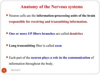 Anatomy of the Nervous systems
Neuron cells are the information-processing units of the brain
responsible for receiving and transmitting information.
One or more I/P fibers branches are called dendrites
Long transmitting fiber is called axon
Each part of the neuron plays a role in the communication of
information throughout the body.
78 DEEPAK.P
 
