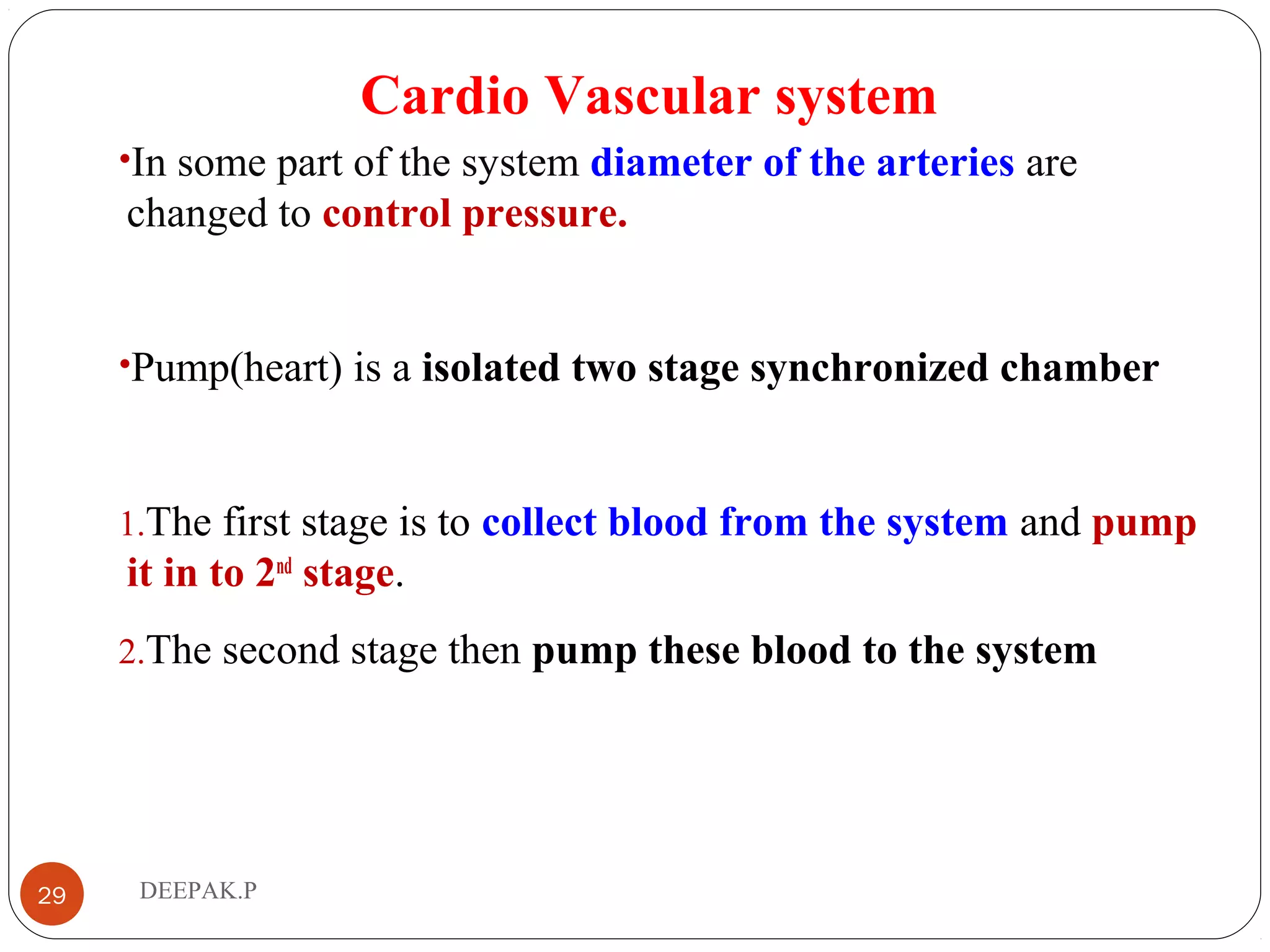 Cardio Vascular system
•In some part of the system diameter of the arteries are
changed to control pressure.
•Pump(heart) is a isolated two stage synchronized chamber
1.The first stage is to collect blood from the system and pump
it in to 2nd
stage.
2.The second stage then pump these blood to the system
29 DEEPAK.P
 