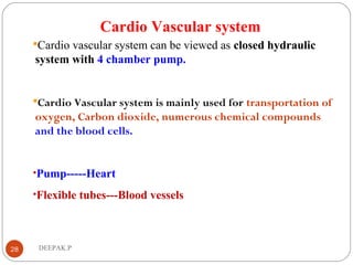 Cardio Vascular system
Cardio vascular system can be viewed as closed hydraulic
system with 4 chamber pump.
Cardio Vascular system is mainly used for transportation of
oxygen, Carbon dioxide, numerous chemical compounds
and the blood cells.
•Pump-----Heart
•Flexible tubes---Blood vessels
28 DEEPAK.P
 