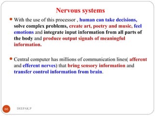 Nervous systems
With the use of this processor , human can take decisions,
solve complex problems, create art, poetry and music, feel
emotions and integrate input information from all parts of
the body and produce output signals of meaningful
information.
Central computer has millions of communication lines( afferent
and efferent nerves) that bring sensory information and
transfer control information from brain.
66 DEEPAK.P
 