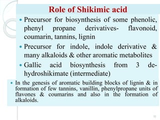 Role of Shikimic acid
 Precursor for biosynthesis of some phenolic,
phenyl propane derivatives- flavonoid,
coumarin, tannins, lignin
 Precursor for indole, indole derivative &
many alkaloids & other aromatic metabolites
 Gallic acid biosynthesis from 3 de-
hydroshikimate (intermediate)
32
 In the genesis of aromatic building blocks of lignin & in
formation of few tannins, vanillin, phenylpropane units of
flavones & coumarins and also in the formation of
alkaloids.
 