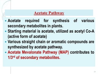 Acetate Pathway
 Acetate required for synthesis of various
secondary metabolites in plants.
 Starting material is acetate, utilized as acetyl Co-A
(active form of acetate)
 Various straight chain or aromatic compounds are
synthesized by acetate pathway.
 Acetate Mevalonate Pathway (MAP) contributes to
1/3rd of secondary metabolites.
39
 