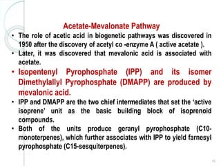 42
Acetate-Mevalonate Pathway
• The role of acetic acid in biogenetic pathways was discovered in
1950 after the discovery of acetyl co -enzyme A ( active acetate ).
• Later, it was discovered that mevalonic acid is associated with
acetate.
• Isopentenyl Pyrophosphate (IPP) and its isomer
Dimethylallyl Pyrophosphate (DMAPP) are produced by
mevalonic acid.
• IPP and DMAPP are the two chief intermediates that set the ‘active
isoprene’ unit as the basic building block of isoprenoid
compounds.
• Both of the units produce geranyl pyrophosphate (C10-
monoterpenes), which further associates with IPP to yield farnesyl
pyrophosphate (C15-sesquiterpenes).
 