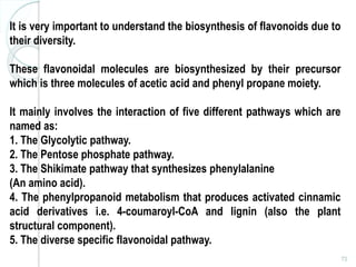 72
It is very important to understand the biosynthesis of flavonoids due to
their diversity.
These flavonoidal molecules are biosynthesized by their precursor
which is three molecules of acetic acid and phenyl propane moiety.
It mainly involves the interaction of five different pathways which are
named as:
1. The Glycolytic pathway.
2. The Pentose phosphate pathway.
3. The Shikimate pathway that synthesizes phenylalanine
(An amino acid).
4. The phenylpropanoid metabolism that produces activated cinnamic
acid derivatives i.e. 4-coumaroyl-CoA and lignin (also the plant
structural component).
5. The diverse specific flavonoidal pathway.
 