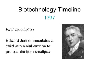 Biotechnology Timeline 
1797 
First vaccination 
Edward Jenner inoculates a 
child with a vial vaccine to 
protect him from smallpox 
 