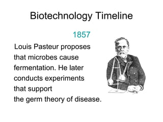 Biotechnology Timeline 
1857 
Louis Pasteur proposes 
that microbes cause 
fermentation. He later 
conducts experiments 
that support 
the germ theory of disease. 
 