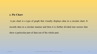 c. Pie Chart
A pie chart is a type of graph that visually displays data in a circular chart. It
records data in a circular manner and then it is further divided into sectors that
show a particular part of data out of the whole part.
2/24/2022 16
Dr. Ashish Suttee, M.Pharm., MBAHCS., PGD Stat., Ph.D.
 