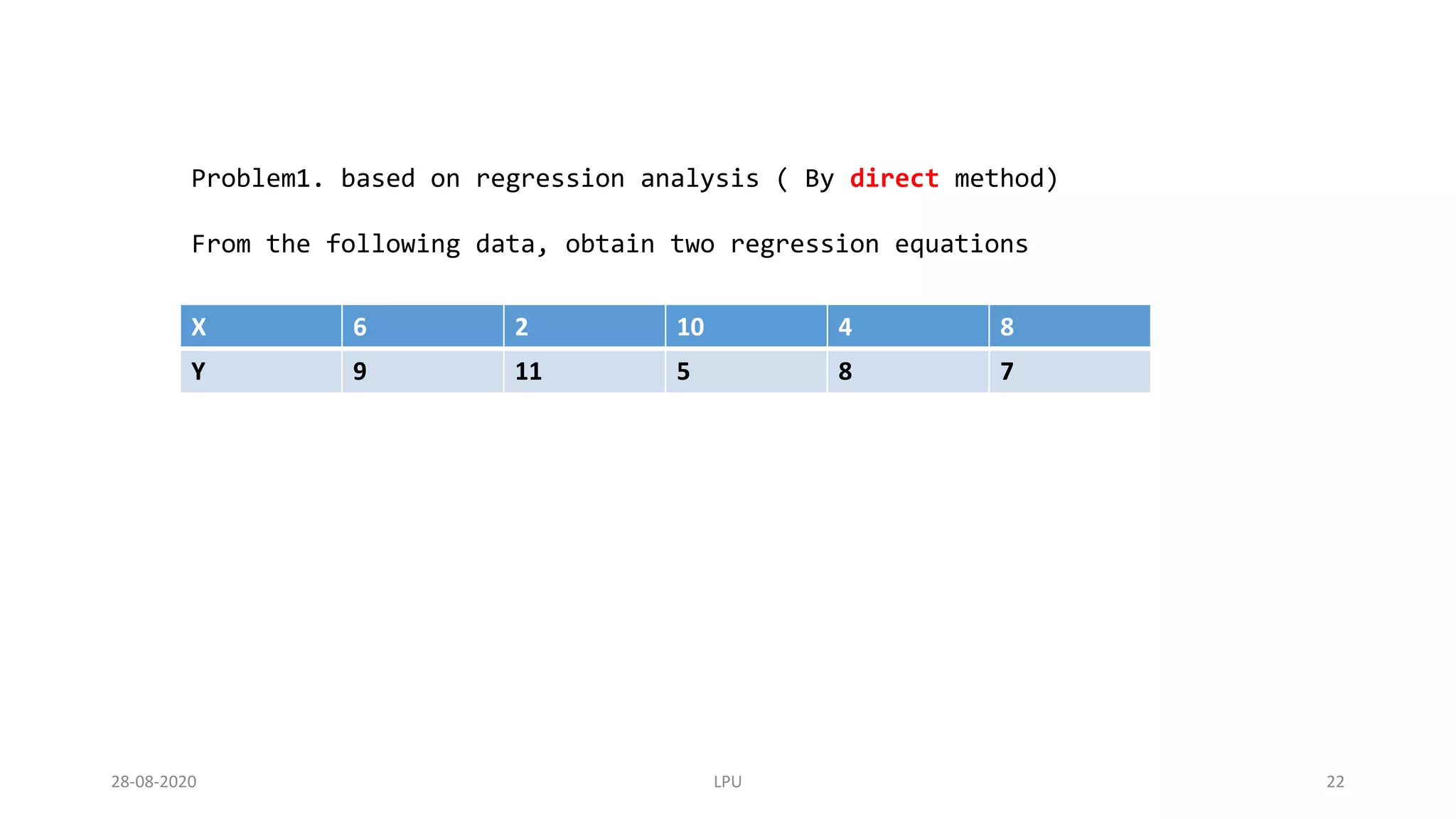 Problem1. based on regression analysis ( By direct method)
From the following data, obtain two regression equations
X 6 2 10 4 8
Y 9 11 5 8 7
28-08-2020 LPU 22
 