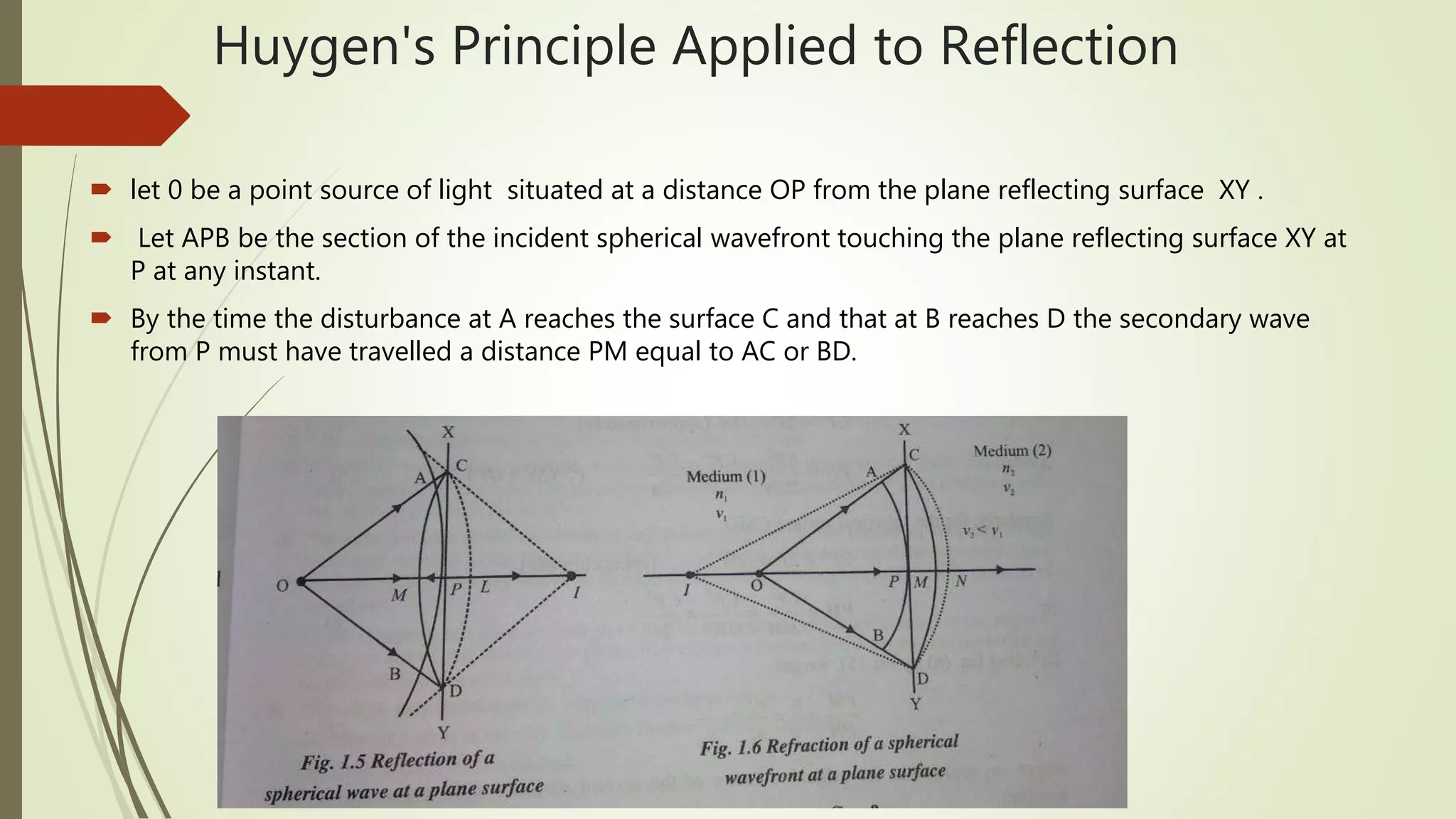 Huygen's Principle Applied to Reflection
 let 0 be a point source of light situated at a distance OP from the plane reflecting surface XY .
 Let APB be the section of the incident spherical wavefront touching the plane reflecting surface XY at
P at any instant.
 By the time the disturbance at A reaches the surface C and that at B reaches D the secondary wave
from P must have travelled a distance PM equal to AC or BD.
 