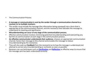 • The Communication Process
• A message or communication is sent by the sender through a communication channel to a
receiver, or to multiple receivers.
• The sender must encode the message (the information being conveyed) into a form that is
appropriate to the communication channel, and the receiver(s) then decodes the message to
understand its meaning and significance.
• Misunderstanding can occur at any stage of the communication process.
• Effective communication involves minimising potential misunderstanding and overcoming any
barriers to communication at each stage in the communication process.
• An effective communicator understands their audience, chooses an appropriate communication
channel, hones their message to this channel and encodes the message to reduce
misunderstanding by the receiver(s).
• They will also seek out feedback from the receiver(s) as to how the message is understood and
attempt to correct any misunderstanding or confusion as soon as possible.
• Receivers can use techniques such as Clarification and Reflection as effective ways to ensure that
the message sent has been understood correctly.
 