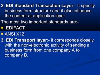 2.2. EDI Standard Transaction LayerEDI Standard Transaction Layer:- It specify:- It specify
business form structure and it also influencebusiness form structure and it also influence
the content at application layer.the content at application layer.
The most two important standards are:-The most two important standards are:-
 EDIFACTEDIFACT
 ANSI X12ANSI X12
3. EDI Transport layer3. EDI Transport layer:- it corresponds closely:- it corresponds closely
with the non-electronic activity of sending awith the non-electronic activity of sending a
business form from one company A tobusiness form from one company A to
company B.company B.
 