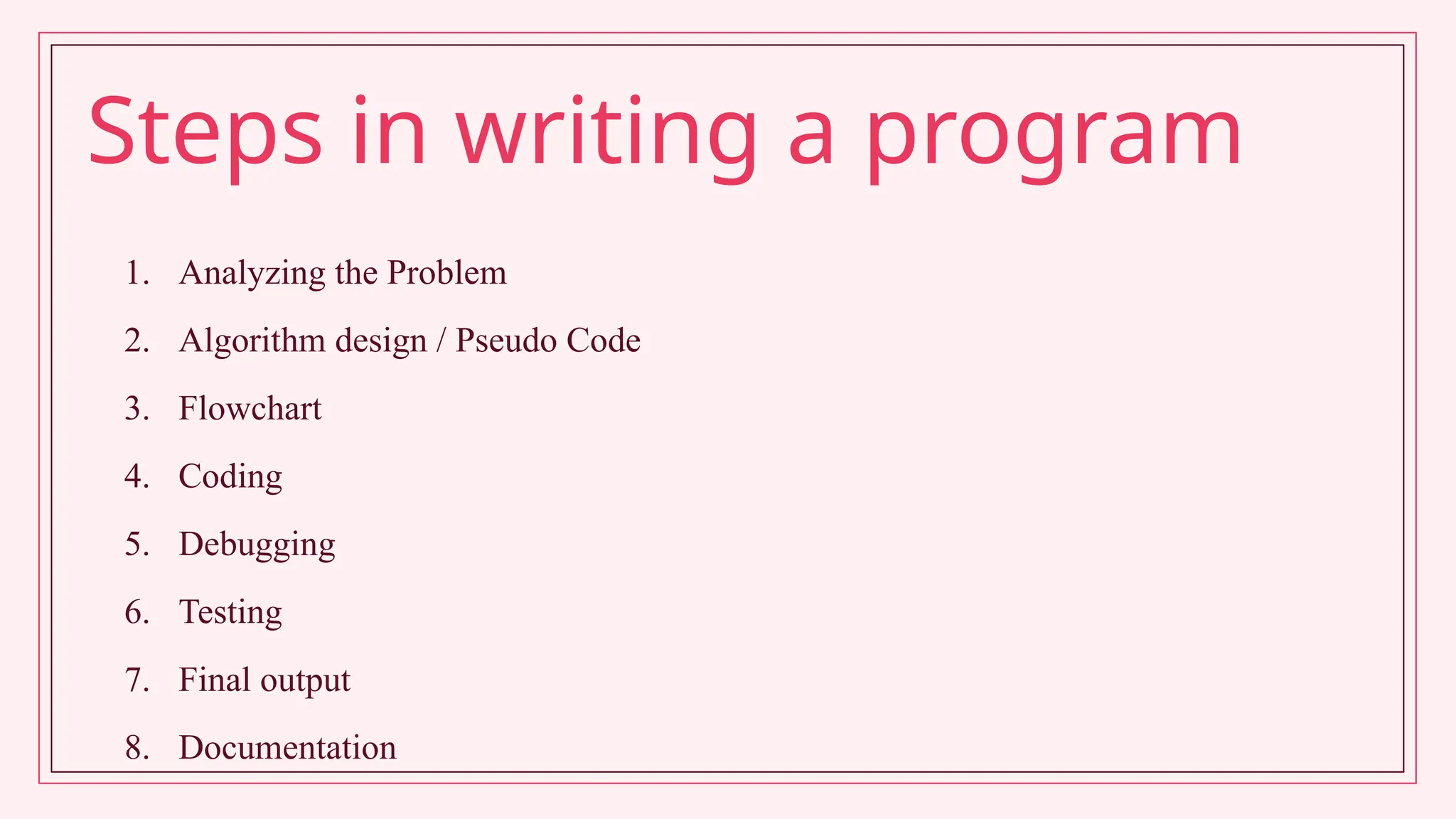 Steps in writing a program
1. Analyzing the Problem
2. Algorithm design / Pseudo Code
3. Flowchart
4. Coding
5. Debugging
6. Testing
7. Final output
8. Documentation
 