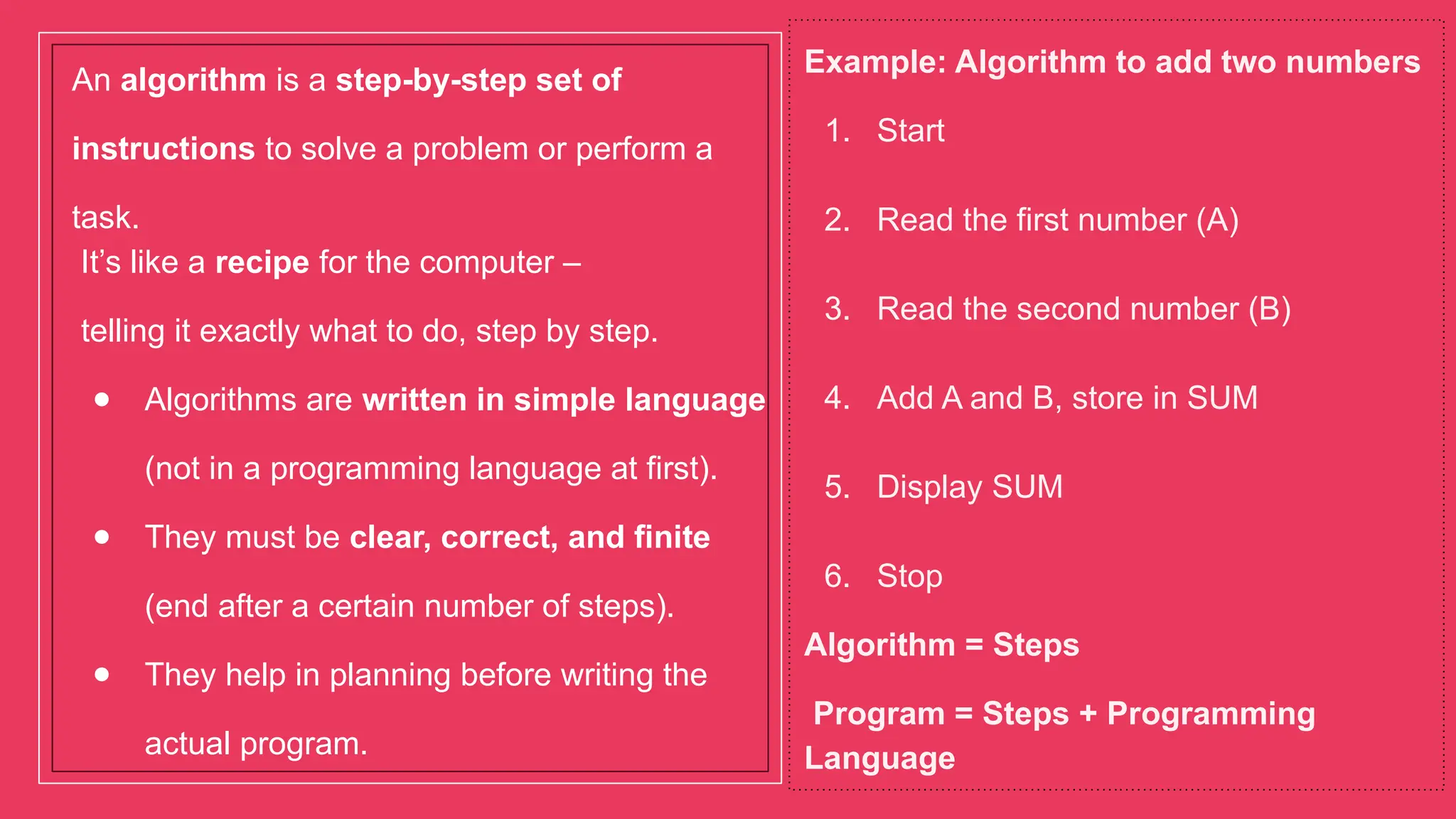 An algorithm is a step-by-step set of
instructions to solve a problem or perform a
task.
It’s like a recipe for the computer –
telling it exactly what to do, step by step.
● Algorithms are written in simple language
(not in a programming language at first).
● They must be clear, correct, and finite
(end after a certain number of steps).
● They help in planning before writing the
actual program.
Example: Algorithm to add two numbers
1. Start
2. Read the first number (A)
3. Read the second number (B)
4. Add A and B, store in SUM
5. Display SUM
6. Stop
Algorithm = Steps
Program = Steps + Programming
Language
 