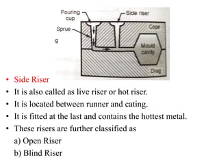 • Side Riser
• It is also called as live riser or hot riser.
• It is located between runner and cating.
• It is fitted at the last and contains the hottest metal.
• These risers are further classified as
a) Open Riser
b) Blind Riser
 