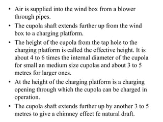 • Air is supplied into the wind box from a blower
through pipes.
• The cupola shaft extends further up from the wind
box to a charging platform.
• The height of the cupola from the tap hole to the
charging platform is called the effective height. It is
about 4 to 6 times the internal diameter of the cupola
for small an medium size cupolas and about 3 to 5
metres for larger ones.
• At the height of the charging platform is a charging
opening through which the cupola can be charged in
operation.
• The cupola shaft extends further up by another 3 to 5
metres to give a chimney effect fc natural draft.
 