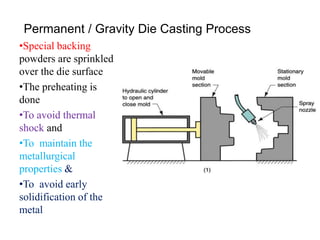 Permanent / Gravity Die Casting Process
•Special backing
powders are sprinkled
over the die surface
•The preheating is
done
•To avoid thermal
shock and
•To maintain the
metallurgical
properties &
•To avoid early
solidification of the
metal
 