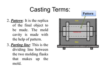 Casting Terms:
2. Pattern: It is the replica
of the final object to
be made. The mold
cavity is made with
the help of pattern.
3. Parting line: This is the
dividing line between
the two molding flasks
that makes up the
mold.
Pattern
 