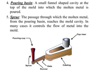 4. Pouring basin: A small funnel shaped cavity at the
top of the mold into which the molten metal is
poured.
5. Sprue: The passage through which the molten metal,
from the pouring basin, reaches the mold cavity. In
many cases it controls the flow of metal into the
mold.
 