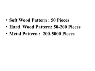 • Soft Wood Pattern : 50 Pieces
• Hard Wood Pattern: 50-200 Pieces
• Metal Pattern : 200-5000 Pieces
 