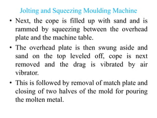 Jolting and Squeezing Moulding Machine
• Next, the cope is filled up with sand and is
rammed by squeezing between the overhead
plate and the machine table.
• The overhead plate is then swung aside and
sand on the top leveled off, cope is next
removed and the drag is vibrated by air
vibrator.
• This is followed by removal of match plate and
closing of two halves of the mold for pouring
the molten metal.
 