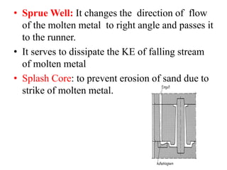 • Sprue Well: It changes the direction of flow
of the molten metal to right angle and passes it
to the runner.
• It serves to dissipate the KE of falling stream
of molten metal
• Splash Core: to prevent erosion of sand due to
strike of molten metal.
 