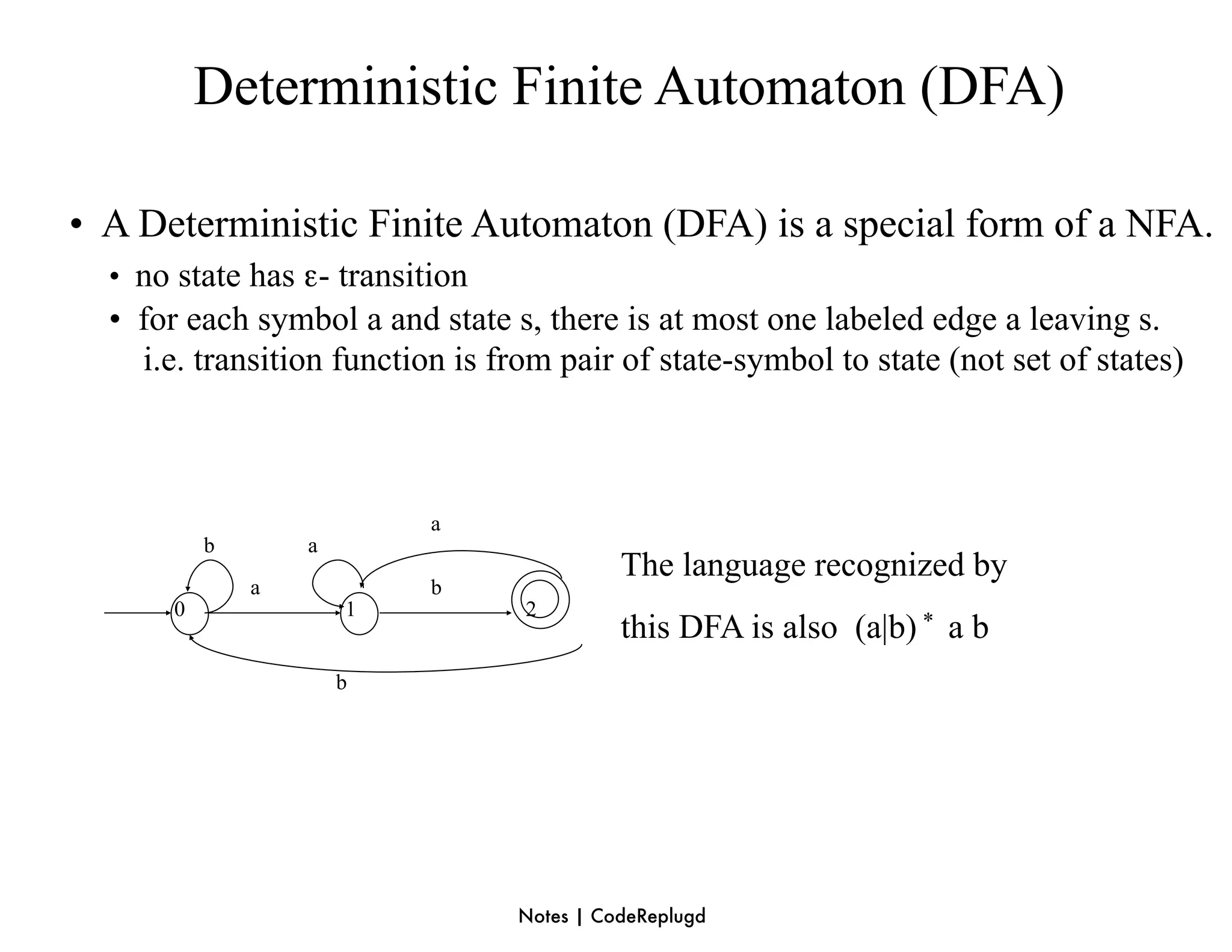 Deterministic Finite Automaton (DFA)

• A Deterministic Finite Automaton (DFA) is a special form of a NFA.
  • no state has ε- transition
  • for each symbol a and state s, there is at most one labeled edge a leaving s.
    i.e. transition function is from pair of state-symbol to state (not set of states)



                           a
           b       a
                                           The language recognized by
               a           b
       0               1          2
                                           this DFA is also (a|b) * a b
                       b




                                 Notes | CodeReplugd
 