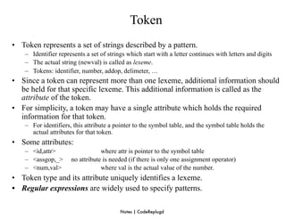Token
• Token represents a set of strings described by a pattern.
    – Identifier represents a set of strings which start with a letter continues with letters and digits
    – The actual string (newval) is called as lexeme.
    – Tokens: identifier, number, addop, delimeter, …
• Since a token can represent more than one lexeme, additional information should
  be held for that specific lexeme. This additional information is called as the
  attribute of the token.
• For simplicity, a token may have a single attribute which holds the required
  information for that token.
    – For identifiers, this attribute a pointer to the symbol table, and the symbol table holds the
      actual attributes for that token.
• Some attributes:
    – <id,attr>                   where attr is pointer to the symbol table
    – <assgop,_>      no attribute is needed (if there is only one assignment operator)
    – <num,val>                   where val is the actual value of the number.
• Token type and its attribute uniquely identifies a lexeme.
• Regular expressions are widely used to specify patterns.

                                          Notes | CodeReplugd
 