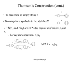 Thomson’s Construction (cont.)
                                                                    ε

• To recognize an empty string ε                                i       f


                                                                    a
• To recognize a symbol a in the alphabet Σ                     i       f



• If N(r1) and N(r2) are NFAs for regular expressions r1 and
r2
    • For regular expression r1 | r2

         ε        N(r1)   ε

     i       ε                f               NFA for r1 | r2
                          ε
                  N(r2)




                                  Notes | CodeReplugd
 