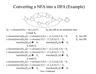Converting a NFA into a DFA (Example)
                                  2          3
                                       a         ε
                  0       1   ε
                      ε                              6       7       8
                                                         ε       a
                              ε                  ε
                                  4          5
                                       b

                                       ε

S0 = ε-closure({0}) = {0,1,2,4,7}       S0 into DS as an unmarked state
                    ⇓ mark S0
ε-closure(move(S0,a)) = ε-closure({3,8}) = {1,2,3,4,6,7,8} = S1       S1 into DS
ε-closure(move(S0,b)) = ε-closure({5}) = {1,2,4,5,6,7} = S2           S2 into DS
          transfunc[S0,a]  S1          transfunc[S0,b]  S2
                     ⇓ mark S1
ε-closure(move(S1,a)) = ε-closure({3,8}) = {1,2,3,4,6,7,8} = S1
ε-closure(move(S1,b)) = ε-closure({5}) = {1,2,4,5,6,7} = S2
          transfunc[S1,a]  S1          transfunc[S1,b]  S2
                     ⇓ mark S2
ε-closure(move(S2,a)) = ε-closure({3,8}) = {1,2,3,4,6,7,8} = S1
ε-closure(move(S2,b)) = ε-closure({5}) = {1,2,4,5,6,7} = S2
          transfunc[S2,a]  S1          transfunc[S2,b]  S2
                                      Notes | CodeReplugd
 