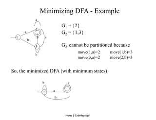 Minimizing DFA - Example
              a
                               G1 = {2}
              2
      a                        G2 = {1,3}
  1           b        a
          b
              3                G2 cannot be partitioned because
                                          move(1,a)=2   move(1,b)=3
              b
                                          move(3,a)=2   move(2,b)=3


So, the minimized DFA (with minimum states)

                   b                  a

                  {1,3}    a    {2}

                           b




                                 Notes | CodeReplugd
 
