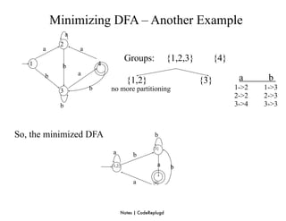Minimizing DFA – Another Example
                a
            2
       a            a
                                        Groups:            {1,2,3}         {4}
   1         b              4
                    a
       b
                                        {1,2}                        {3}          a      b
            3           b       no more partitioning                             1->2   1->3
                                                                                 2->2   2->3
            b                                                                    3->4   3->3



So, the minimized DFA                               b

                                                   {3}
                                 a        b
                                {1,2}                a      b

                                          a        {4}




                                     Notes | CodeReplugd
 