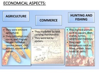 ECONOMICAL ASPECTS:
AGRICULTURE
• They were eminent
agricultural.
• They cultivated corn,
cocoa, and maguey.
He also cultivates
cassava, beans, chili,
tomato, squash and
cotton.
COMMERCE
• They marketed by land,
carrying merchandise.
• They were led by
porters.
HUNTING AND
FISHING
• They hunted animals
such as jaguars, deer,
snakes, turtles,
rabbits and monkeys.
• They used
instruments such as
bows, arrows, traps,
hooks of shells.
 