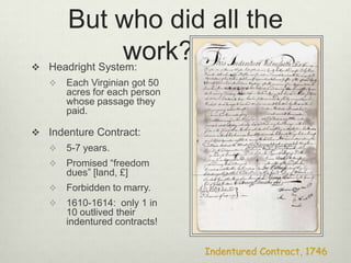 But who did all the work?	Headright System:Each Virginian got 50 acres for each person whose passage they paid.Indenture Contract:5-7 years.Promised “freedom dues” [land, £]Forbidden to marry.1610-1614:  only 1 in 10 outlived their indentured contracts!Indentured Contract, 1746