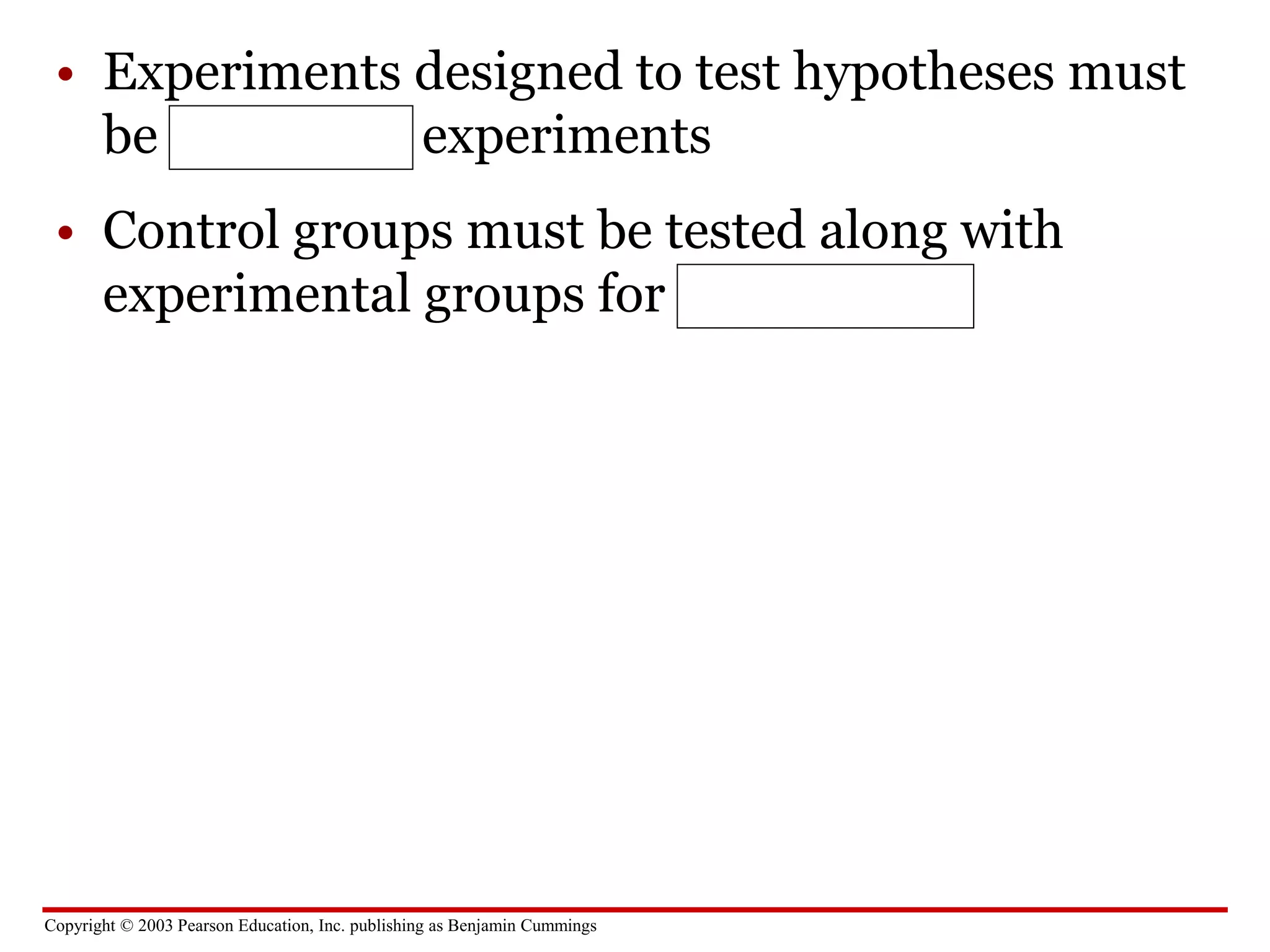 Copyright © 2003 Pearson Education, Inc. publishing as Benjamin Cummings
• Experiments designed to test hypotheses must
be controlled experiments
• Control groups must be tested along with
experimental groups for comparison
 