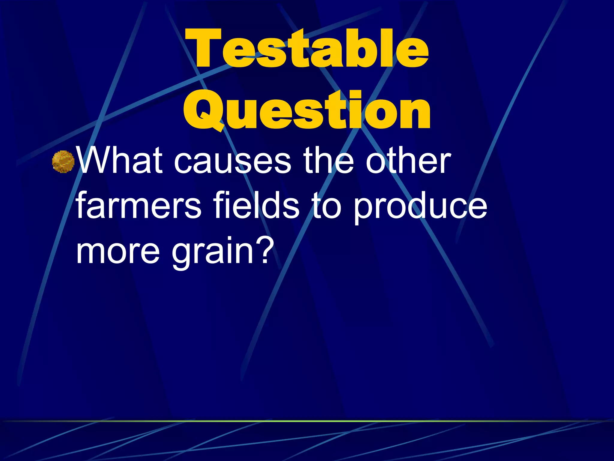 Testable
Question
What causes the other
farmers fields to produce
more grain?
 