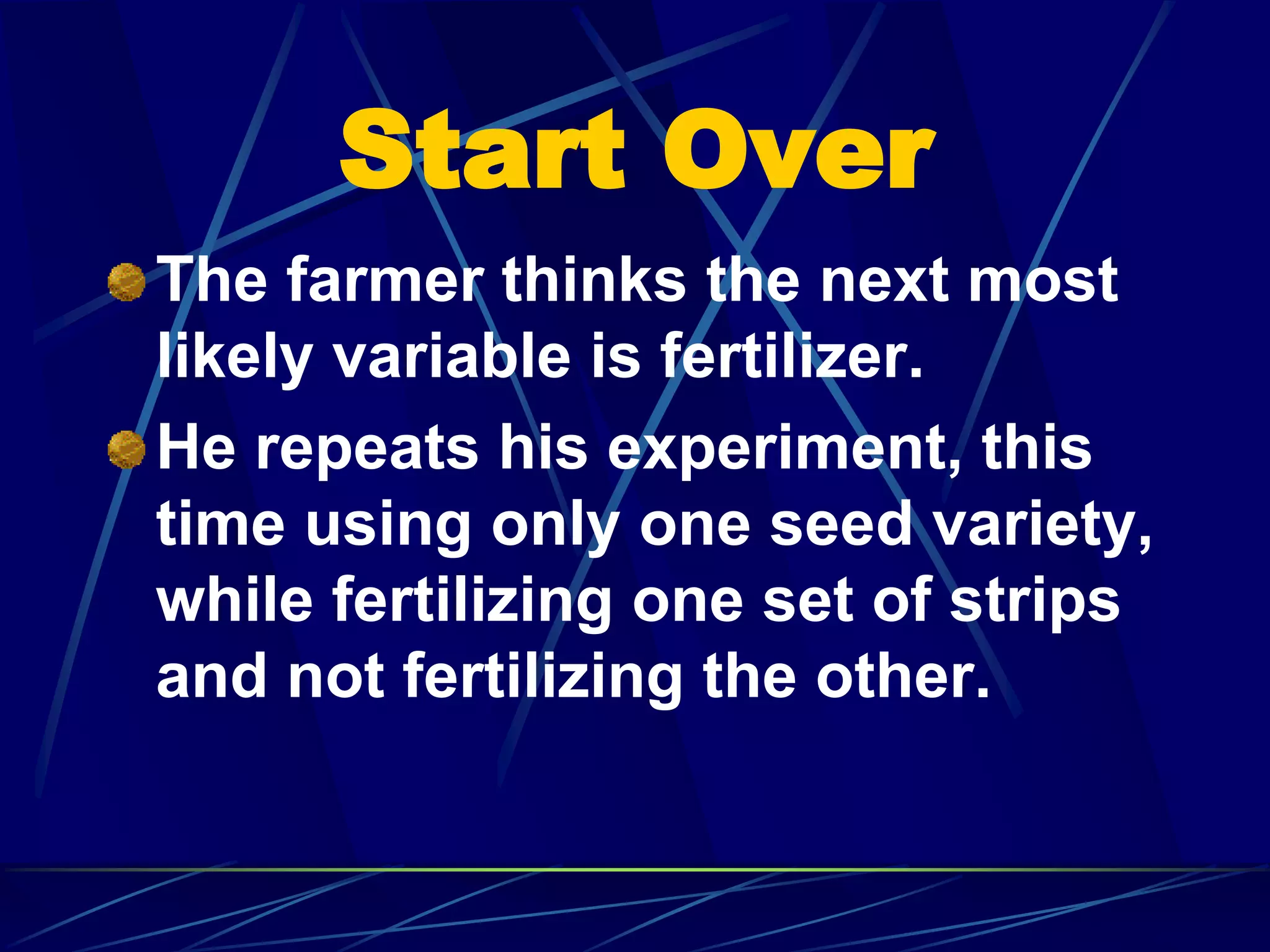 Start Over
The farmer thinks the next most
likely variable is fertilizer.
He repeats his experiment, this
time using only one seed variety,
while fertilizing one set of strips
and not fertilizing the other.
 