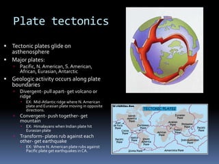 Plate tectonics
 Tectonic plates glide on
  asthenosphere
 Major plates:
      Pacific, N. American, S. American,
       African, Eurasian, Antarctic
 Geologic activity occurs along plate
   boundaries
      Divergent- pull apart- get volcano or
       ridge
        EX: Mid-Atlantic ridge where N. American
         plate and Eurasian plate moving in opposite
         directions.
      Convergent- push together- get
       mountain
        EX: Himalayans when Indian plate hit
         Eurasian plate
      Transform- plates rub against each
       other- get earthquake
        EX: Where N. American plate rubs against
         Pacific plate get earthquakes in CA.
 