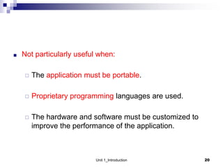 ■ Not particularly useful when:
◻ The application must be portable.
◻ Proprietary programming languages are used.
◻ The hardware and software must be customized to
improve the performance of the application.
Unit 1_Introduction 20
 