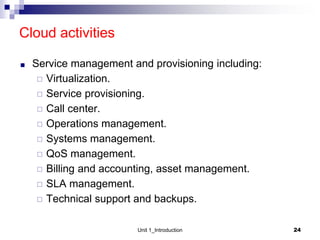 Cloud activities
■ Service management and provisioning including:
◻ Virtualization.
◻ Service provisioning.
◻ Call center.
◻ Operations management.
◻ Systems management.
◻ QoS management.
◻ Billing and accounting, asset management.
◻ SLA management.
◻ Technical support and backups.
Unit 1_Introduction 24
 
