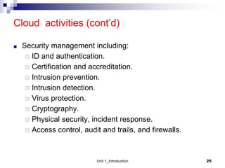 Cloud activities (cont’d)
■ Security management including:
◻ ID and authentication.
◻ Certification and accreditation.
◻ Intrusion prevention.
◻ Intrusion detection.
◻ Virus protection.
◻ Cryptography.
◻ Physical security, incident response.
◻ Access control, audit and trails, and firewalls.
Unit 1_Introduction 25
 