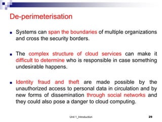 De-perimeterisation
■ Systems can span the boundaries of multiple organizations
and cross the security borders.
■ The complex structure of cloud services can make it
difficult to determine who is responsible in case something
undesirable happens.
■ Identity fraud and theft are made possible by the
unauthorized access to personal data in circulation and by
new forms of dissemination through social networks and
they could also pose a danger to cloud computing.
Unit 1_Introduction 29
 