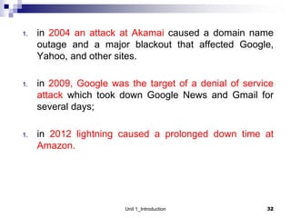 1. in 2004 an attack at Akamai caused a domain name
outage and a major blackout that affected Google,
Yahoo, and other sites.
1. in 2009, Google was the target of a denial of service
attack which took down Google News and Gmail for
several days;
1. in 2012 lightning caused a prolonged down time at
Amazon.
Unit 1_Introduction 32
 